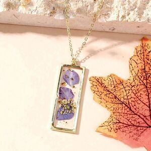 SALE 18k Gold Filled Framed Handmade Real Preserved Violet Flower Necklace